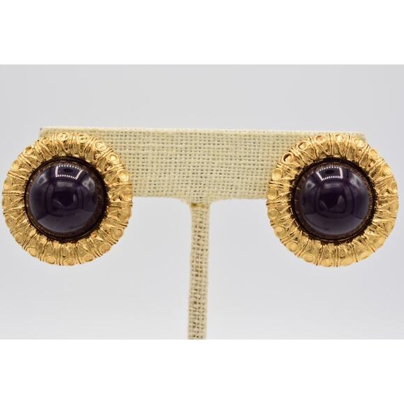 Givenchy Vintage Cabochon Clip On Earrings Dark Purple Gold Chunky Signed BinQ - Picture 1 of 12